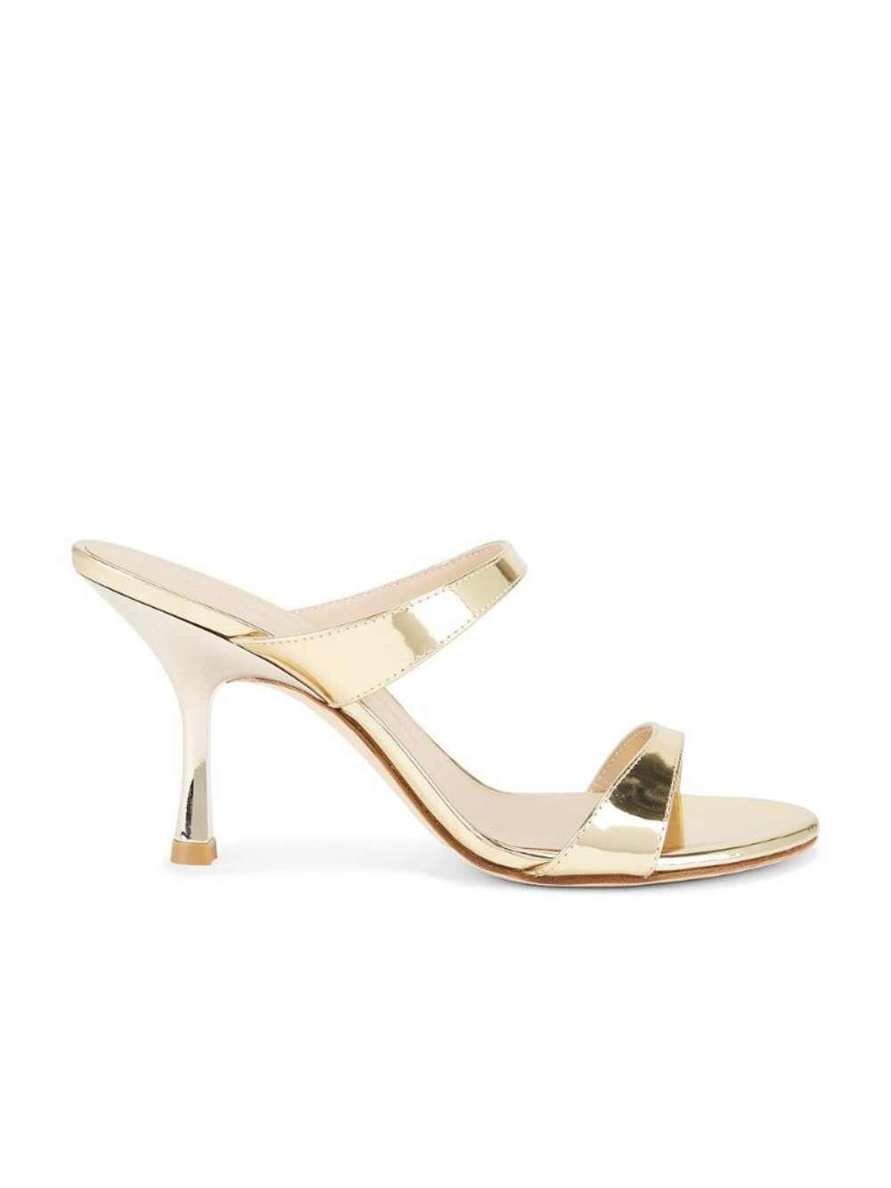 Stuart Weitzman Nudist 85 Slide in Platino gold metallic high heel slipper